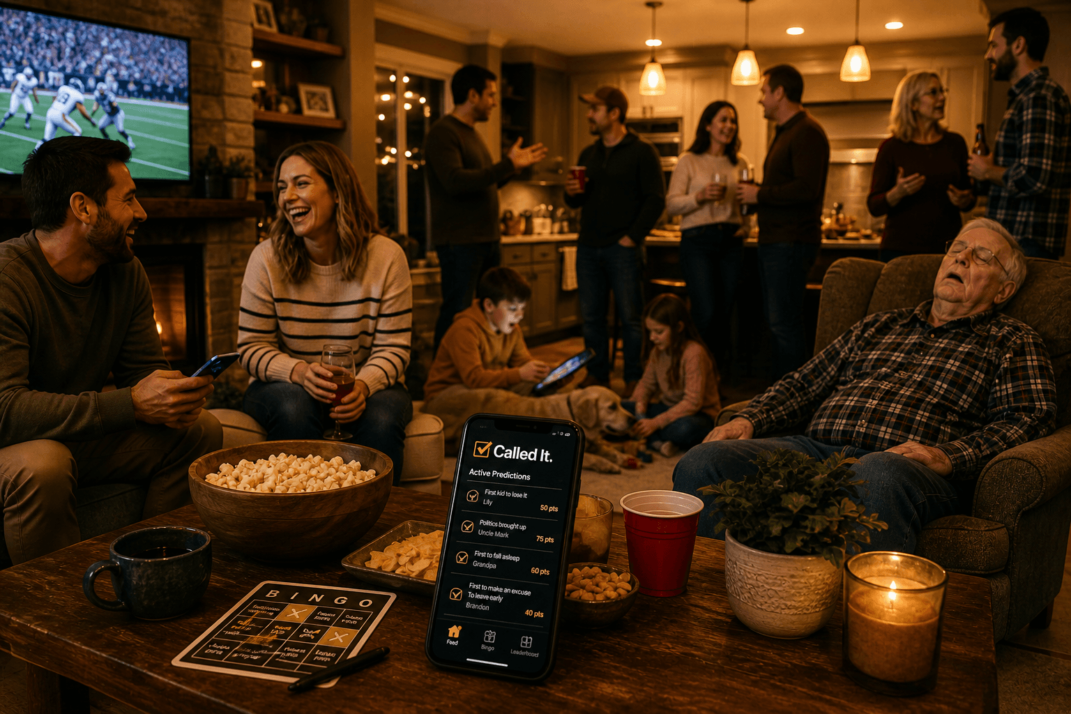 Friends and family gathered in a living room while Called It predictions are open on a phone